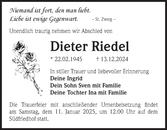 Traueranzeige von Dieter Riedel von Volksstimme Magdeburg
