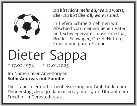 Traueranzeige von Dieter Sappa von Trauerkombi Mansfelder Land