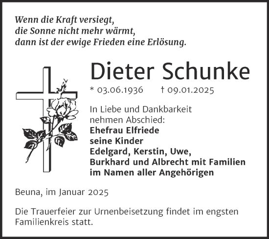 Traueranzeige von Dieter Schunke von Trauerkombi Merseburg