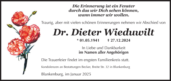 Traueranzeige von Dieter Wieduwilt von Volksstimme Wernigerode