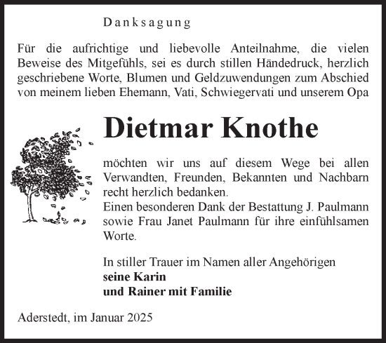 Traueranzeige von Dietmar Knothe von Volksstimme Halberstadt