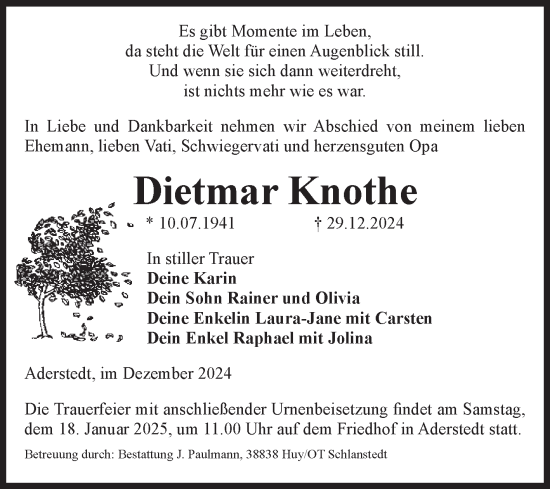 Traueranzeige von Dietmar Knothe von Volksstimme Halberstadt