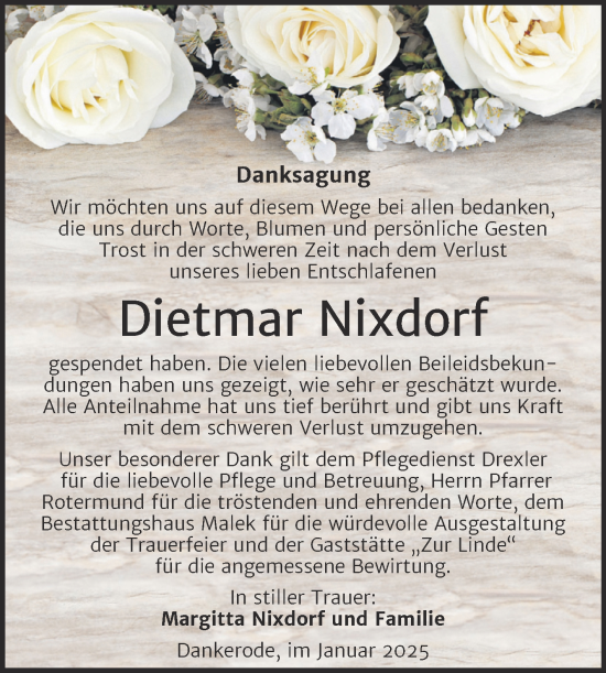 Traueranzeige von Dietmar Nixdorf von Trauerkombi Quedlinburg