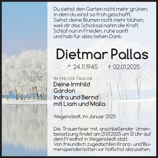 Traueranzeige von Dietmar Pallas von Volksstimme Haldensleben/Wolmirstedt