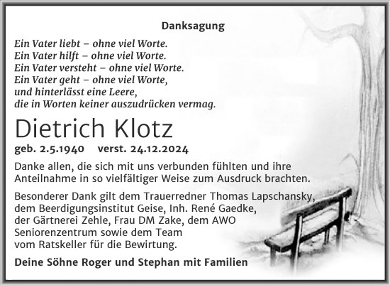 Traueranzeige von Dietrich Klotz von Trauerkombi Köthen