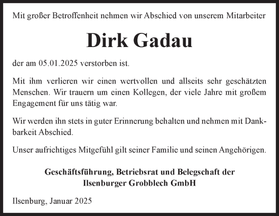 Traueranzeige von Dirk Gadau von Volksstimme Wernigerode