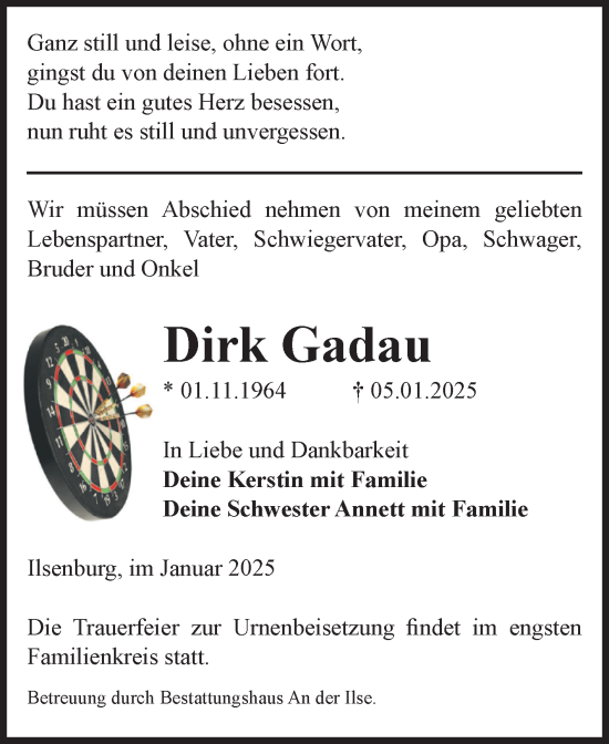 Traueranzeige von Dirk Gadau von Volksstimme Wernigerode