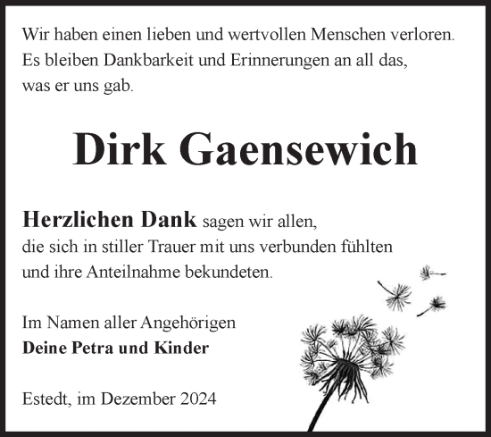 Traueranzeige von Dirk Gaensewich von Volksstimme Altmark West