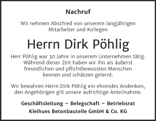 Traueranzeige von Dirk Pöhlig 