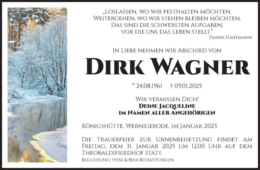  Traueranzeige für Dirk Wagner vom 18.01.2025 aus Volksstimme Wernigerode