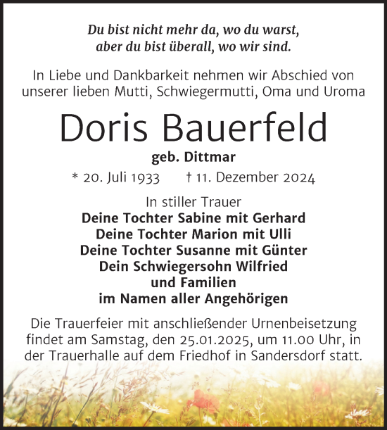 Traueranzeige von Doris Bauerfeld von Trauerkombi Bitterfeld