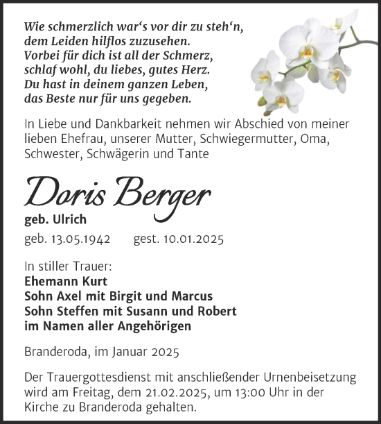 Traueranzeige von Doris Berger von Trauerkombi Merseburg
