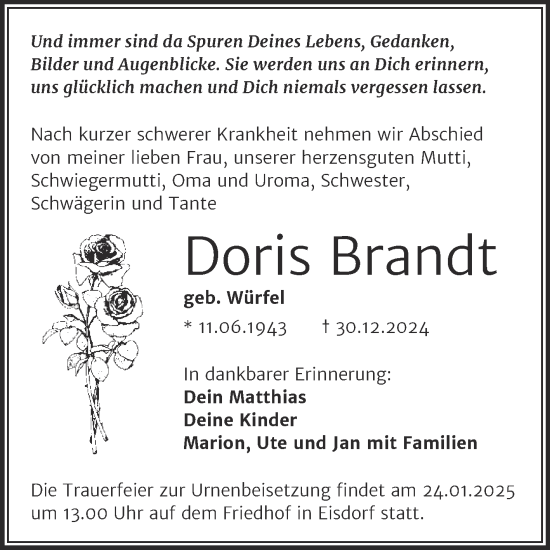 Traueranzeige von Doris Brandt von Mitteldeutsche Zeitung Halle/Saalkreis