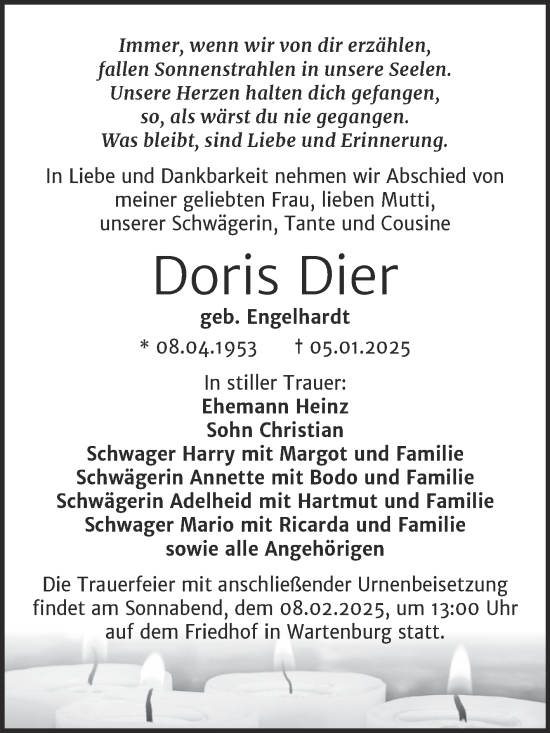 Traueranzeige von Doris Dier von Trauerkombi Wittenberg