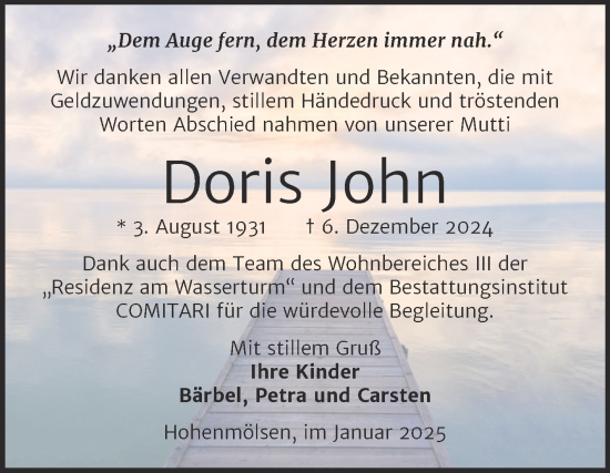 Traueranzeige von Doris John von Trauerkombi Weißenfels