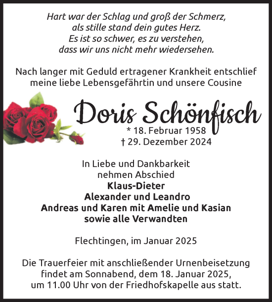 Traueranzeige von Doris Schönfisch von Volksstimme Altmark Ost