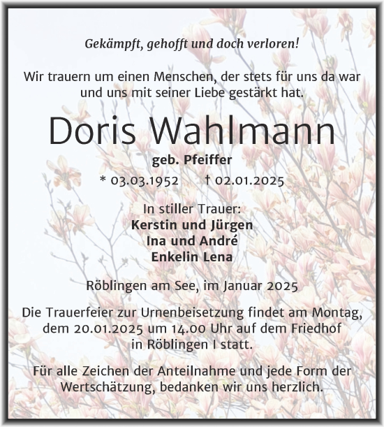 Traueranzeige von Doris Wahlmann von Trauerkombi Mansfelder Land