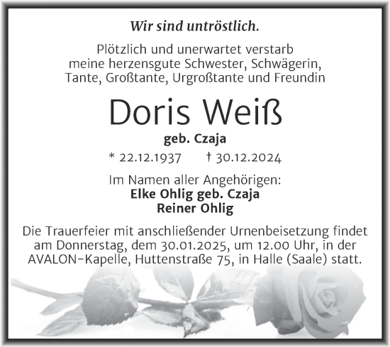Traueranzeige von Doris Weiß von Mitteldeutsche Zeitung Halle/Saalkreis
