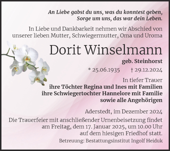 Traueranzeige von Dorit Winselmann von Trauerkombi Bernburg