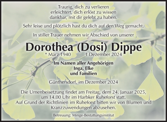 Traueranzeige von Dorothea Dippe von Volksstimme Oschersleben/Wanzleben