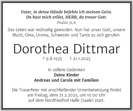Traueranzeige von Dorothea Dittmar von Mitteldeutsche Zeitung Halle/Saalkreis