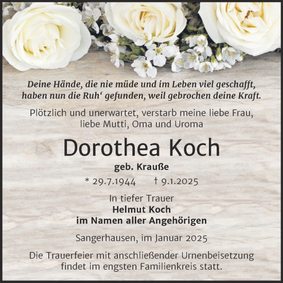 Traueranzeige von Dorothea Koch von Trauerkombi Sangerhausen