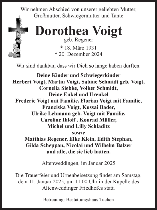 Traueranzeige von Dorothea Voigt von Volksstimme Oschersleben/Wanzleben