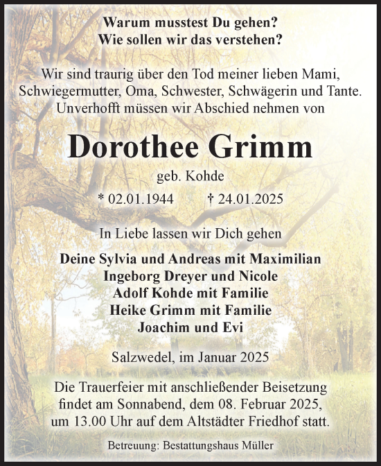 Traueranzeige von Dorothee Grimm von Volksstimme Altmark West