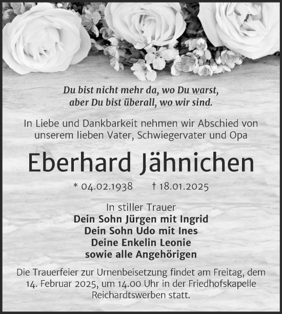 Traueranzeige von Eberhard Jähnichen von Trauerkombi Weißenfels