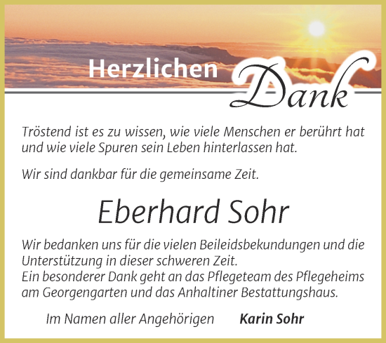 Traueranzeige von Eberhard Sohr von Trauerkombi Dessau