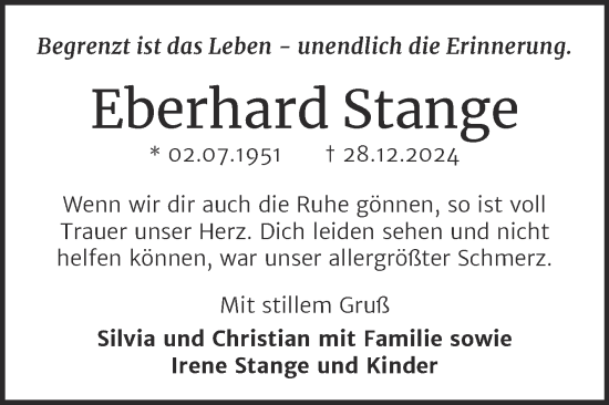 Traueranzeige von Eberhard Stange von Super Sonntag Naumburg/Nebra