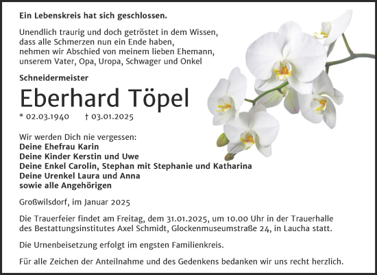 Traueranzeige von Eberhard Töpel von Super Sonntag Naumburg/Nebra