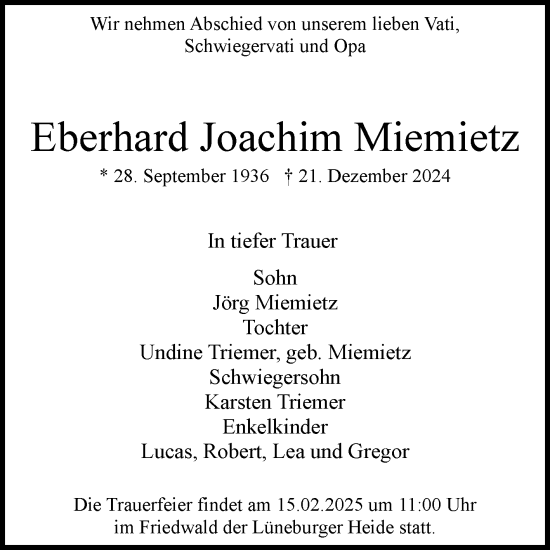 Traueranzeige von Eberhard Joachim Miemietz von Volksstimme Magdeburg