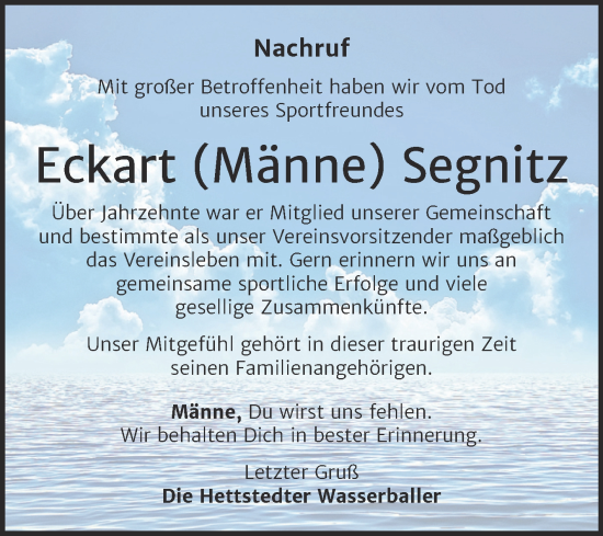 Traueranzeige von Eckart Segnitz von Trauerkombi Mansfelder Land