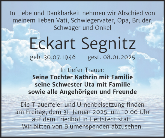 Traueranzeige von Eckart Segnitz von Trauerkombi Mansfelder Land