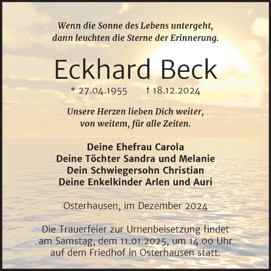 Traueranzeige von Eckhard Beck von Trauerkombi Mansfelder Land