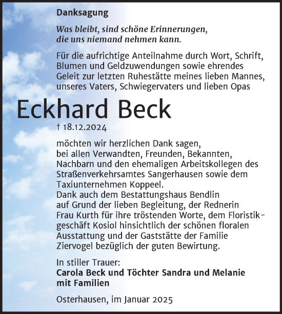 Traueranzeige von Eckhard Beck von Trauerkombi Mansfelder Land