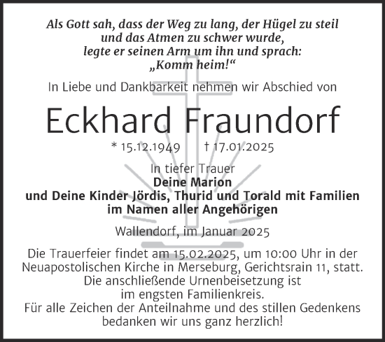Traueranzeige von Eckhard Fraundorf von Trauerkombi Merseburg