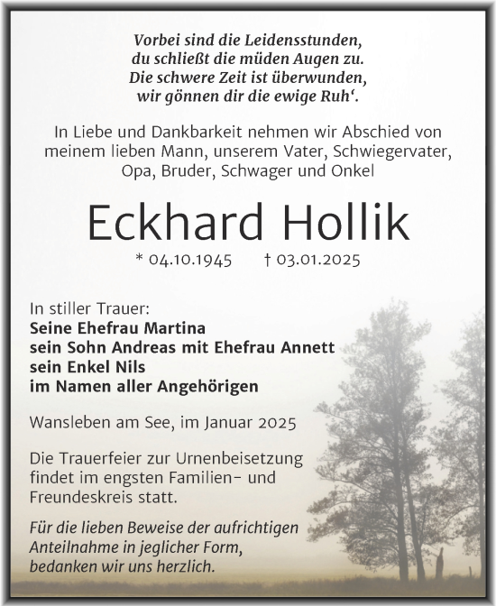 Traueranzeige von Eckhard Hollik von Trauerkombi Mansfelder Land