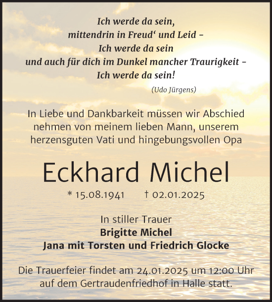 Traueranzeige von Eckhard Michel von Mitteldeutsche Zeitung Halle/Saalkreis