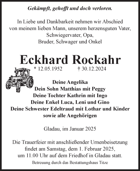 Traueranzeige von Eckhard Rockahr von Volksstimme Burg/Genthin
