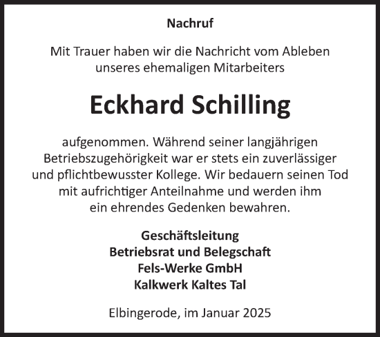 Traueranzeige von Eckhard Schilling von Volksstimme Wernigerode
