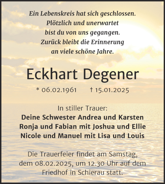 Traueranzeige von Eckhart Degener von Mitteldeutsche Zeitung Bitterfeld