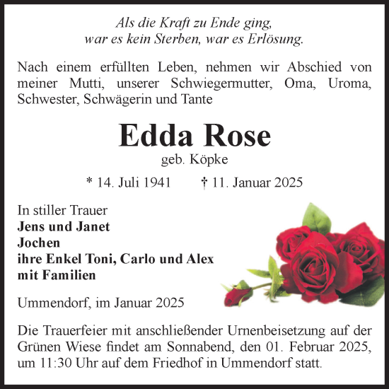 Traueranzeige von Edda Rose von Volksstimme Oschersleben/Wanzleben