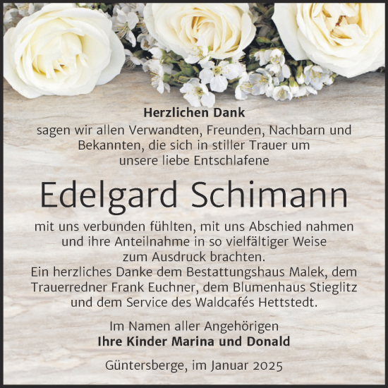 Traueranzeige von Edelgard Schimann von Trauerkombi Quedlinburg