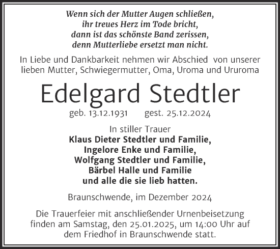 Traueranzeige von Edelgard Stedtler von Super Sonntag Mansfelder Land