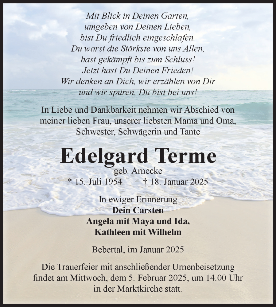 Traueranzeige für Edelgard Terme vom 21.01.2025 aus Volksstimme Haldensleben/Wolmirstedt