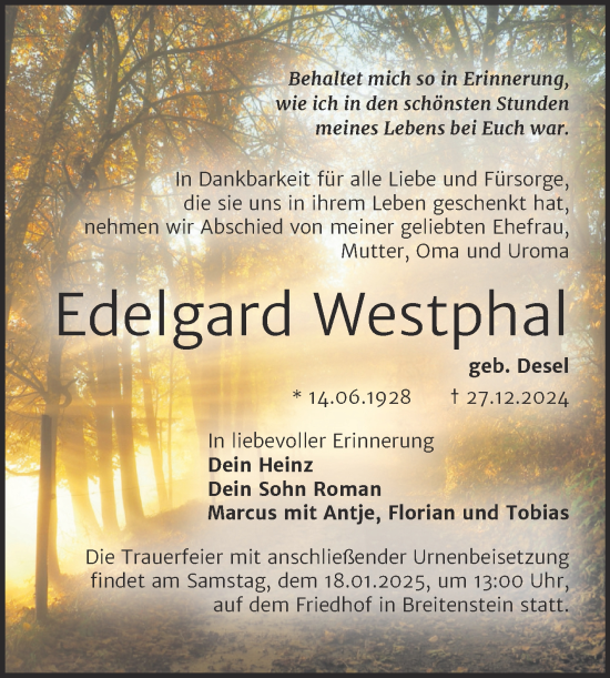 Traueranzeige von Edelgard Westphal von Trauerkombi Sangerhausen