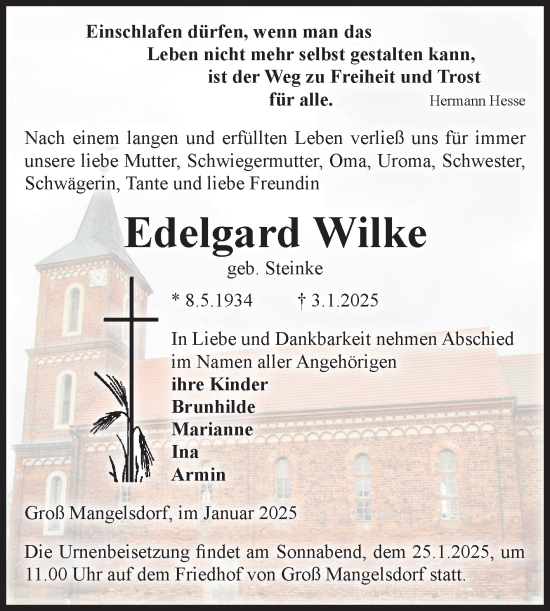 Traueranzeige von Edelgard Wilke von Volksstimme Altmark West