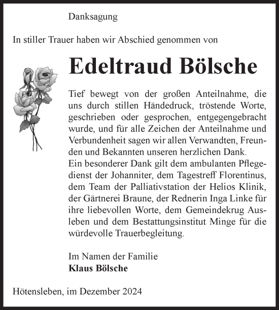 Traueranzeige von Edeltraud Bölsche von Volksstimme Oschersleben/Wanzleben